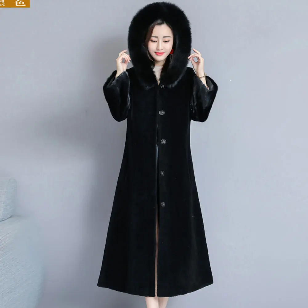 black Женская шуба из овечьей шкуры, зима, новинка, воротник из лисьего меха, с капюшоном, выше колена, шуба из норки, верхняя одежда, M-4XL - Цвет: black