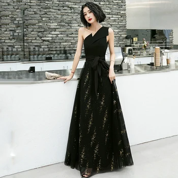 

One Shoulder Evening Gowns K370 Sleeveless Women Party Dresses Shiny Sequined Formal Robe De Soiree Black A-Line Elegant Vestido