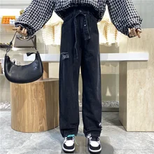 

Denim Pants Female Tide Streetwear Fashion Hole Jeans Women's Autumn 2021 New High Waist Solid Color Loose Straight