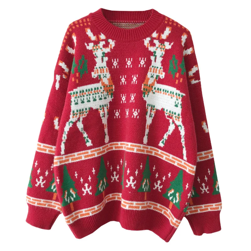 

Unisex Christmas Knitted Sweater Women Funny Reindeer Printed Sweatshirt Crewneck Autumn Winter Xmas Retro Sweaters Jumpers Tops