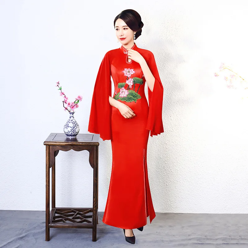 Китайский традиционный Чонсам Летающий рукав печать длинный Cheongsam шоу костюм Ципао платье Vestido Плюс размер S-5XL - Цвет: red style1