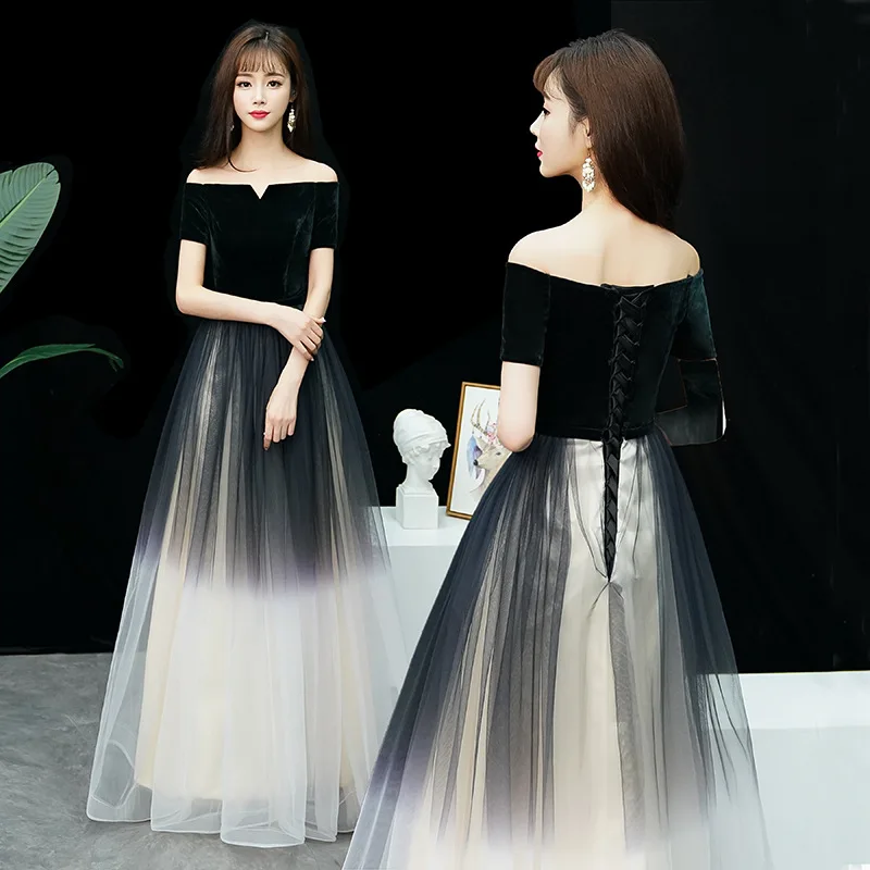 Дамское платье для выпускного вечера элегантное черное бархатное Vestidos сексуальное вечернее платье с открытыми плечами Qipao изысканное блестящее Сетчатое платье De Soiree