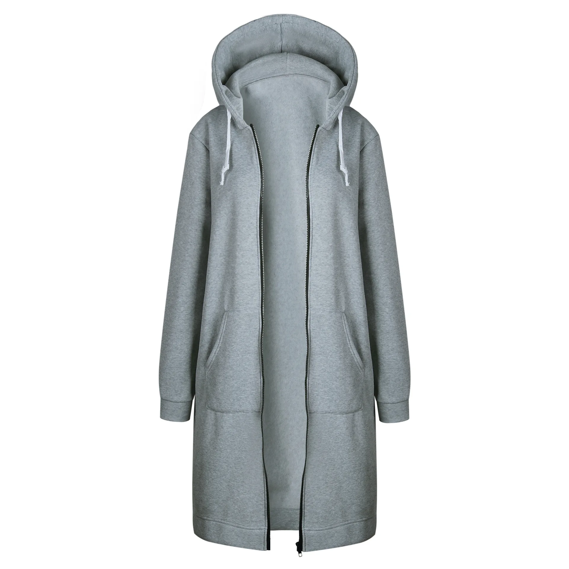 Осенне-зимняя теплая Женская куртка на молнии, 4XL, пальто с карманами, повседневное пальто и утолщенное длинное пальто на молнии с капюшоном и воротником - Цвет: Light grey