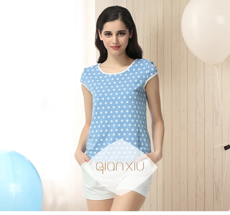 Summer Pyjamas Women Polka Dot Sleepwear Suit Casual Pajama Sets 95%cotton Homedress Set  Short Sleeveles Elastic Waist