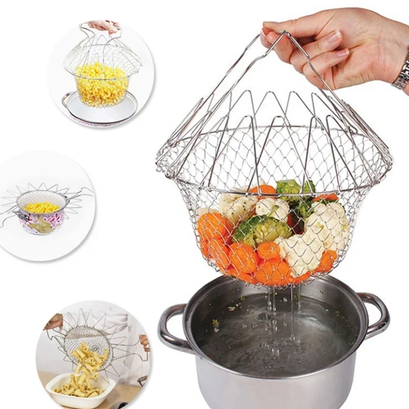 New Hot Steam Rinse Strain Stainless Steel Folding Frying Basket Colander Sieve Mesh Strainer Kitchen Cooking Tools Accessories | Дом и сад