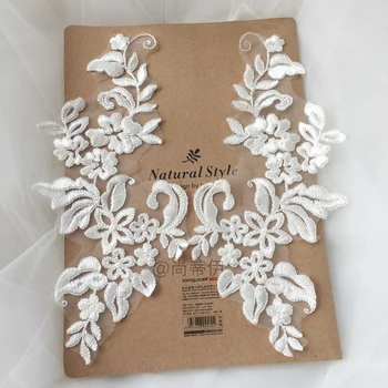 

10 Pieces, 5 Mirror pairs, Ivory Rayon embroidery wedding lace patches, sew on lace appliques for gowns, top quality!