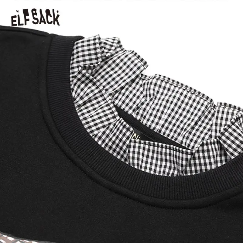 ELFSACK черные однотонные с рисунками героев мультфильма свободные Для женщин кофты зимние оборкой в стиле пэчворк с длинными рукавами Повседневное женские офисные базовые Топы