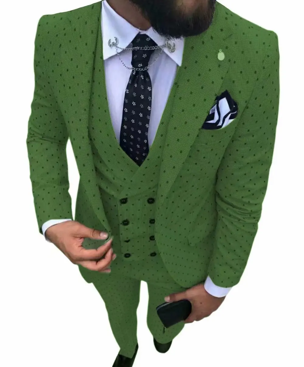 Olive Green Мужской костюм Poika в горошек, 3 предмета, новейший дизайн пальто, брюки, смокинги с отворотом, Женихи, мужские свадебные/вечерние(Блейзер+ жилет+ брюки - Цвет: Olive Green