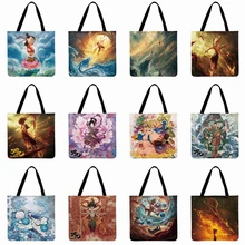 Китайская Сумка-тоут с принтом супергероя Ne Zha, многоразовая пляжная сумка из льна, повседневная женская сумка-тоут на плечо, складная сумка для покупок