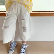 Pantalon déchiré pour garçons et filles, jean délavé à jambes larges, vêtements pour enfants, nouvelle collection été 2021