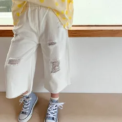 Calça jeans rasgada, jeans para meninos e meninas, nova roupa infantil de verão 2021
