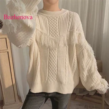 

Bazhenova Women Tassel Sweaters Woman Loose Thick Warm Winter All-match Tops Girls Sweet Lazy Elegant Sweater Clothes R256