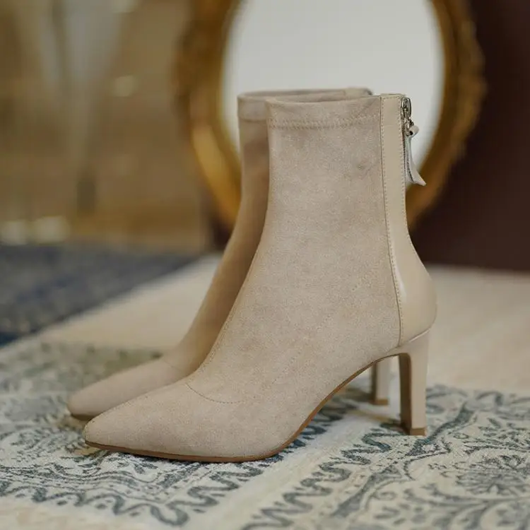 2021 Winter Autumn Women Ankle Boots Faux Suede High Heels Dress Shoes Black Pointed Toe Ladies Shoes Fashion Botas Mujer