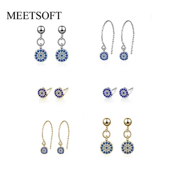 

MEETSOFT 925 Silver Prevent Allergy Fashion Drop Earrings for Women Trendy Simple Demon Eye Crystal Small Round Jewelry Gift