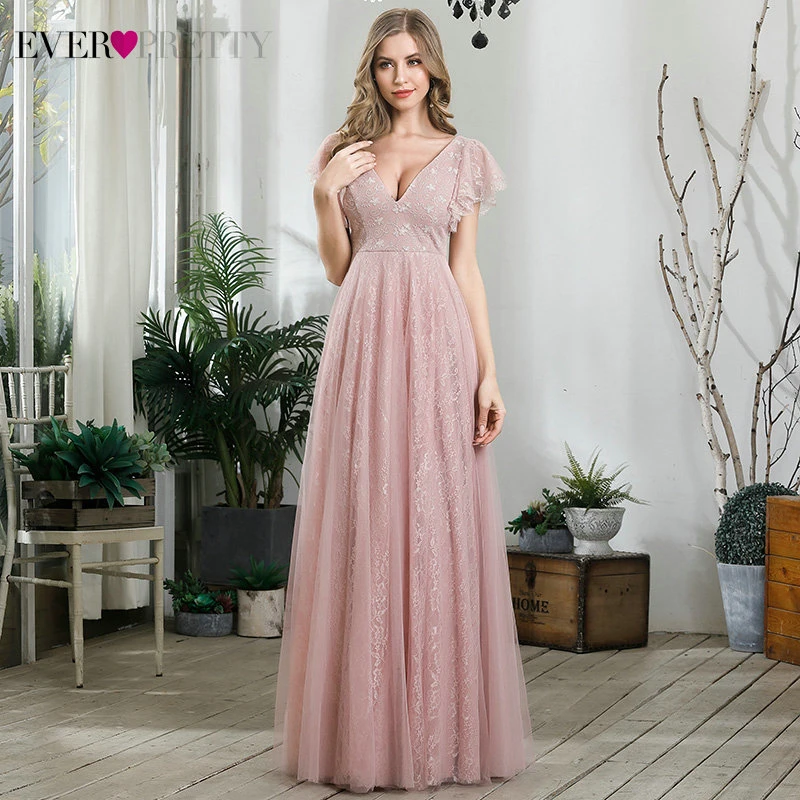 Sexy Floral Lace Prom Dresses Ever Pretty A-Line Ruffles Sleeve Deep V-Neck Tulle Formal Dresses For Party Mezuniyet Elbiseleri