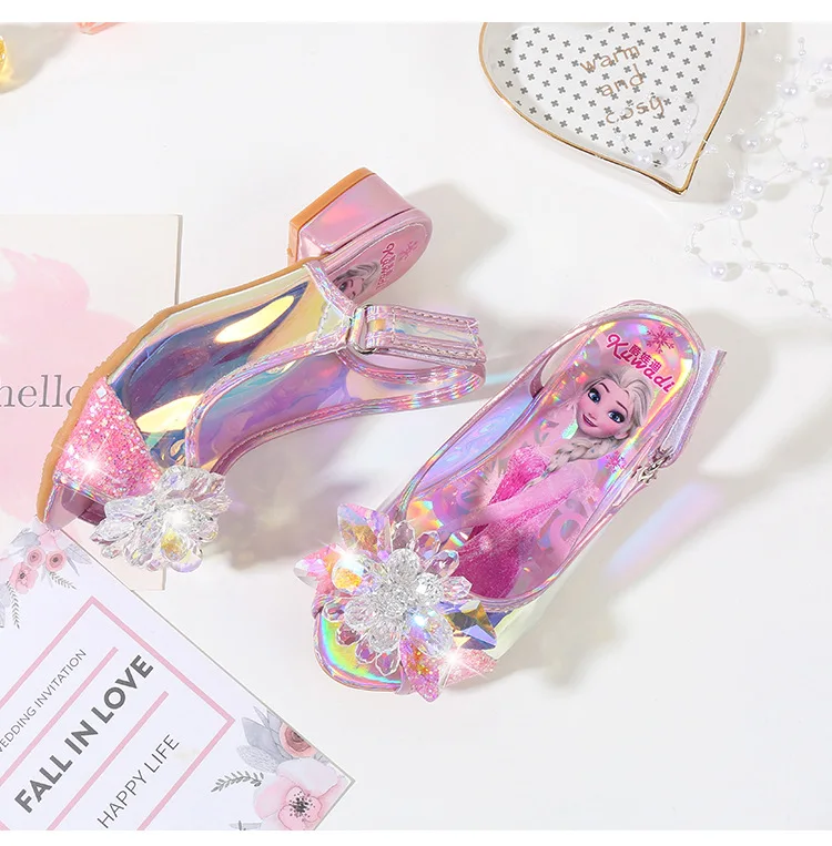 Сандалии для девочек, стразы, розовая танцевальная обувь для латинских танцев, Детская летняя обувь принцессы на высоком каблуке, детские сандалии Elsa, обувь для выступлений для девочек
