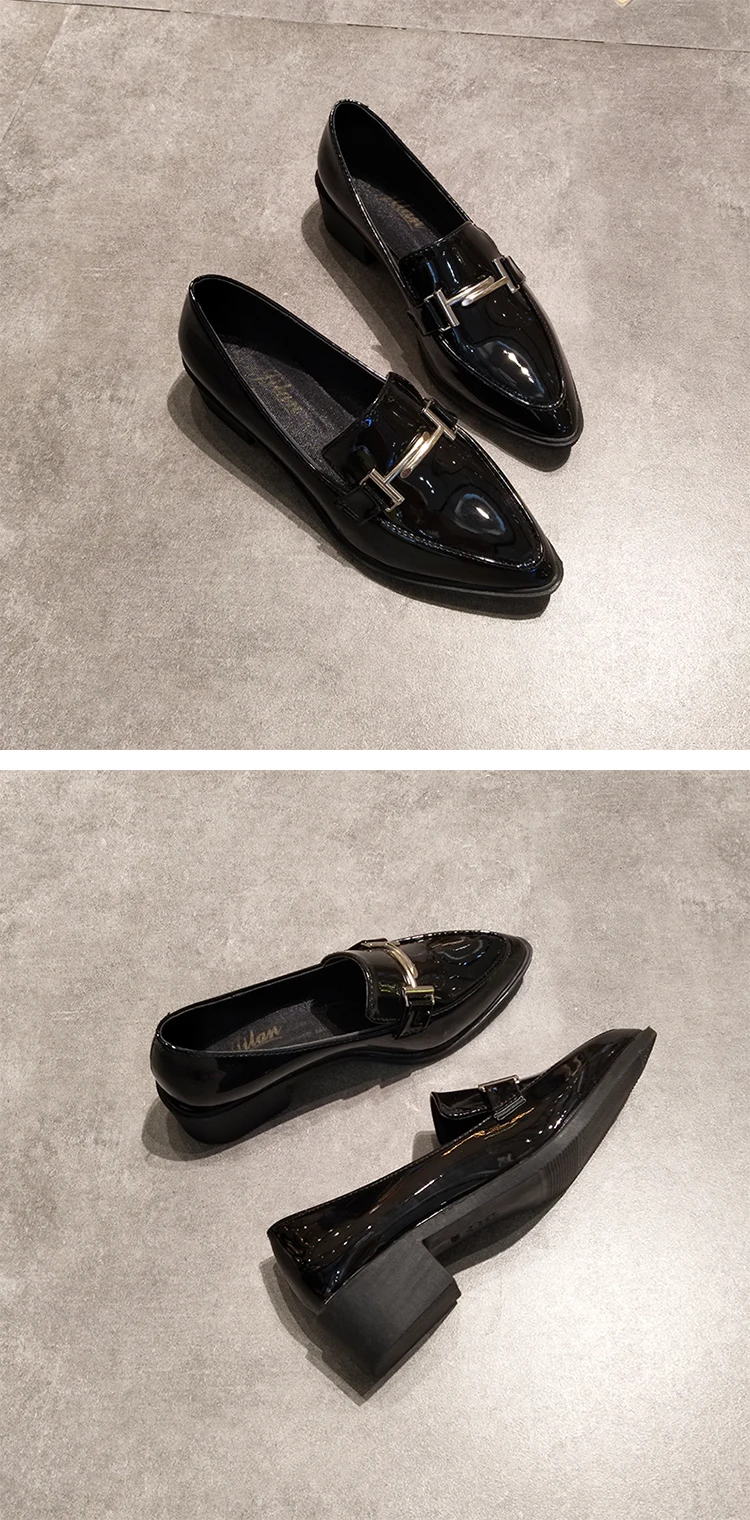 Pointed toe metal decoration flats slip on casual thick heels women shoes solid leather brief loafers college students moccasins