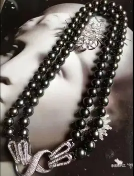 

Charming 2 rows 9-10mm tahitian round black pearl necklace 18"19"