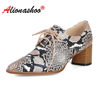 

Hot Selling Shoes Snake Printed Leather Women Shoes Pumps Lace Up Casual Shoes Chaussures Femme Party Shoes Large Size 34-42