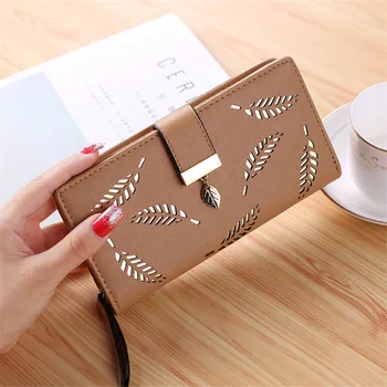 

Women Wallet Leaves Hollow Out Design PU Leather Wallet Women Coin Purse Card Holder Phone Cash Photo Hasp Long Wallet carteira