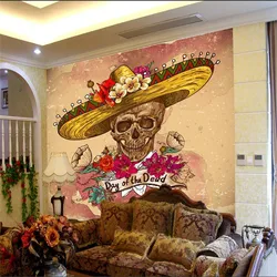 Custom Personality Mexican Skull Art Mural Wallpaper 3D Floral Background with Skull Wall Paper for Restaurant Snack Bar Decor