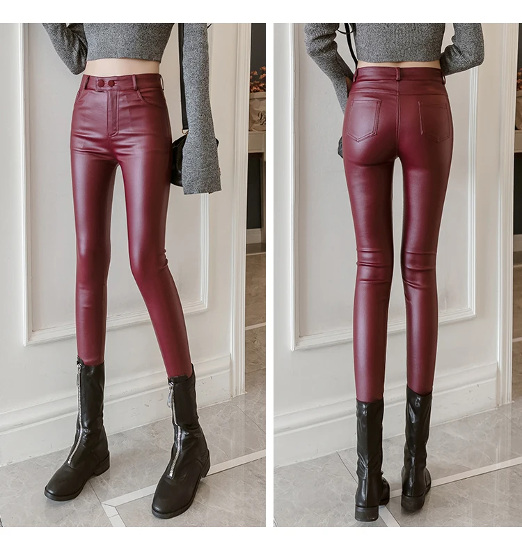 Осенне-зимние Эластичные Обтягивающие женские брюки с высокой талией, крутые кожаные женские брюки больших размеров, однотонные красные узкие брюки 7163 50