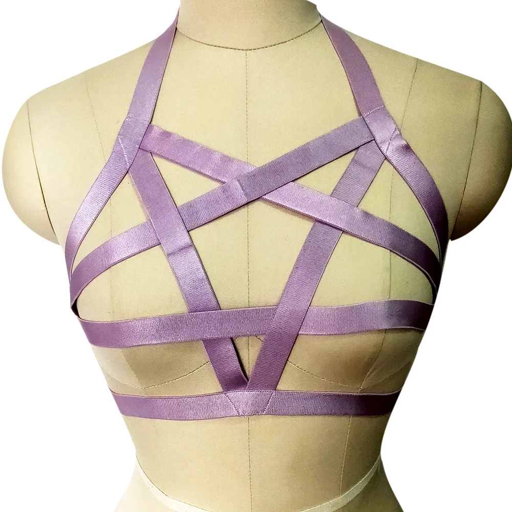 

Purple Pentagram Lingerie Harness Bra Crop Top Body Harness Cage Fetish Gothic Bondage Bra Halloween Rave Wear Harajuku Cage Bra