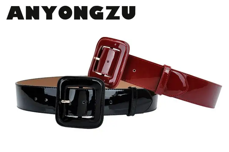 Leather Belt ANYONGZU Designers Brand Women Wide Genuine cowhide Belt bright Red black Woman Waist Belts Dresses 100CM*4.7CM