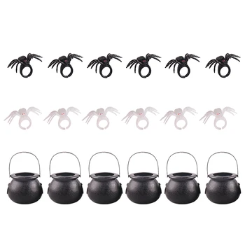 

Mini Witch Pot Halloween Plastic Spider Sets Black and White Spider Rings Hand Decorations