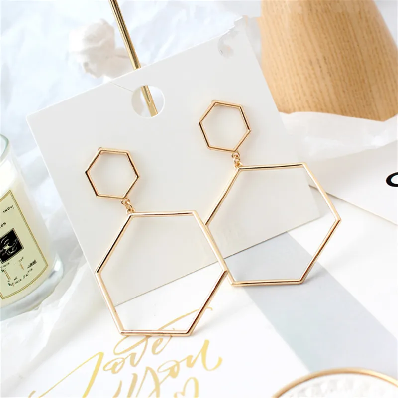 Fashion Metal hexagonal geometry golden earrings female Vintage Female students alloy big earrings for women Nightclub jewelry