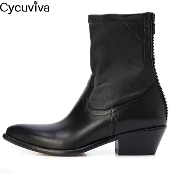 

Western Black Leather Ankle Boots For Women Point Toe Behind Zip Short Boots Ladies Chunky Heel Cowboy Knight Boots Botas Mujer