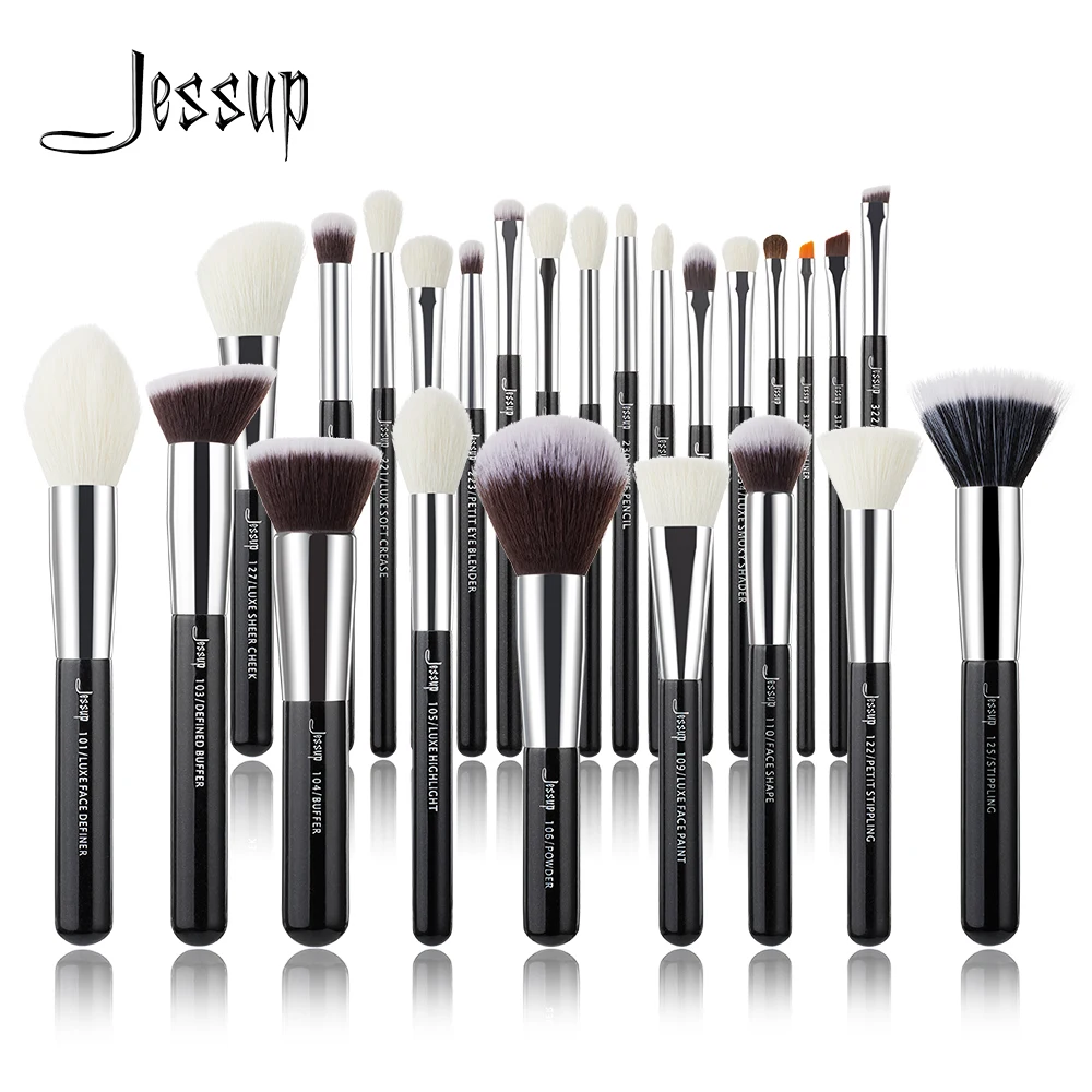 Jessup черный/серебристый набор кистей для макияжа Профессиональный с натуральными волосами основа для пудры тени для век макияж кисти румяна 6 шт.-25 шт