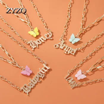 

ZYZQ Double Acrylic Butterfly Necklace Fashion Alphabet Angel Pendant Babygirl English Alphabet Necklace