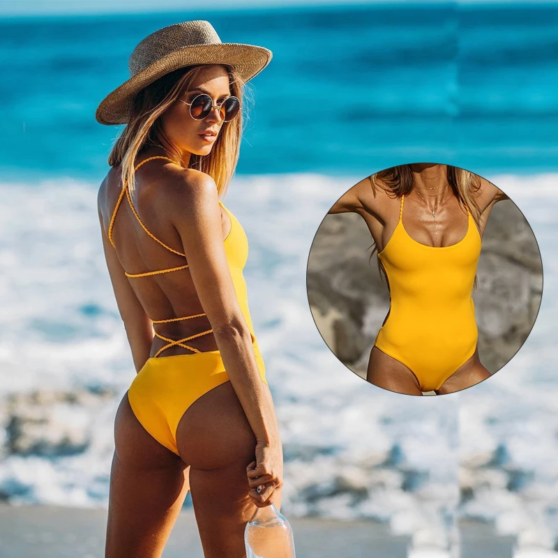 Buena Compra Bañador de una pieza con espalda descubierta para mujer, traje de baño Sexy de color amarillo, bañador acolchado de vendaje sólido, traje de baño para playa, Monokini, ropa de baño 2020 Erb1emBkeVM