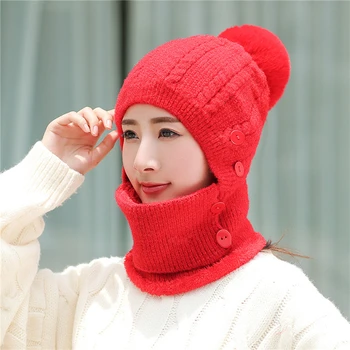 

Protective Hats Female Warm Knitted Wool Caps Women Winter Beanies Velvet Thick Bib Mask Skullies Beanie Hat Dustproof Hats