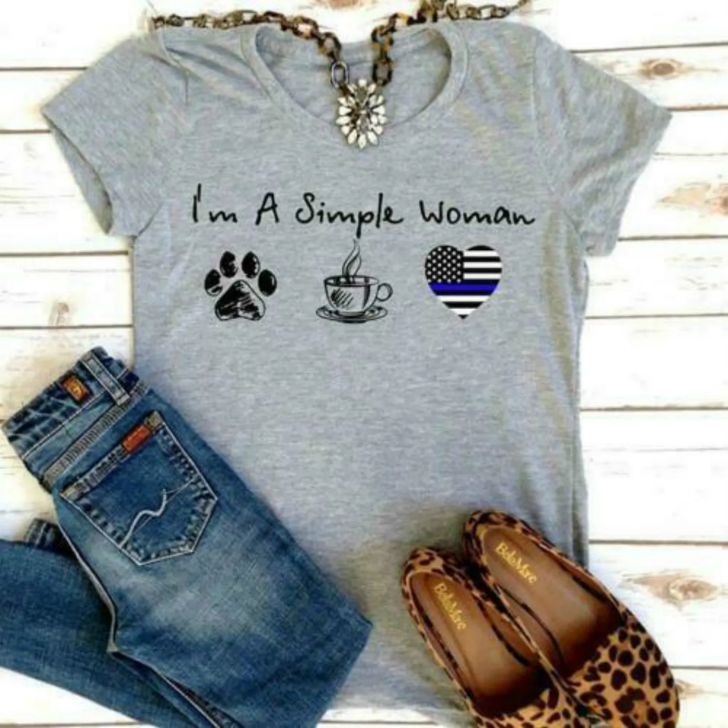 I'm A Simple Woman Dog Coffee And Police Mom Ladies T-Shirt Sport Grey Cotton | Женская одежда