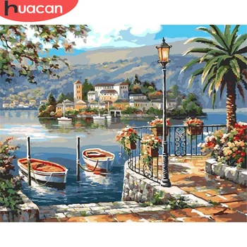 

HUACAN DIY Pictures By Number River Kits Drawing On Canvas Painting By Numbers Seascape Hand Painted Picture Gift Home Decor