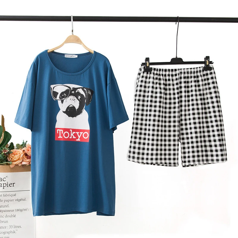 5XL 6XL пижамный комплект размера плюс Для женщин, одежда для сна, клетчатые шорты+ футболка, набор детской одежды-рубашка Tokyo стильная пижамы Для женщин Ночной костюм; Ночная одежда Пижама Mujer - Цвет: Dog