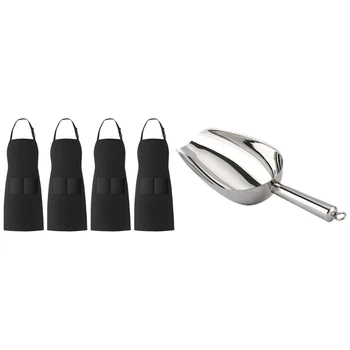 

4 Pcs Bib Aprons with 2 Pockets (Black) & 1 Pcs Stainless Steel Ice Spoon, Small Metal Candy Spoon Silver