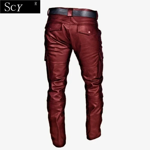 Men's Leather Motorcycle Pants with Cargo Pockets, Black, Leather Motorcycle Pants  No Belt images - 6