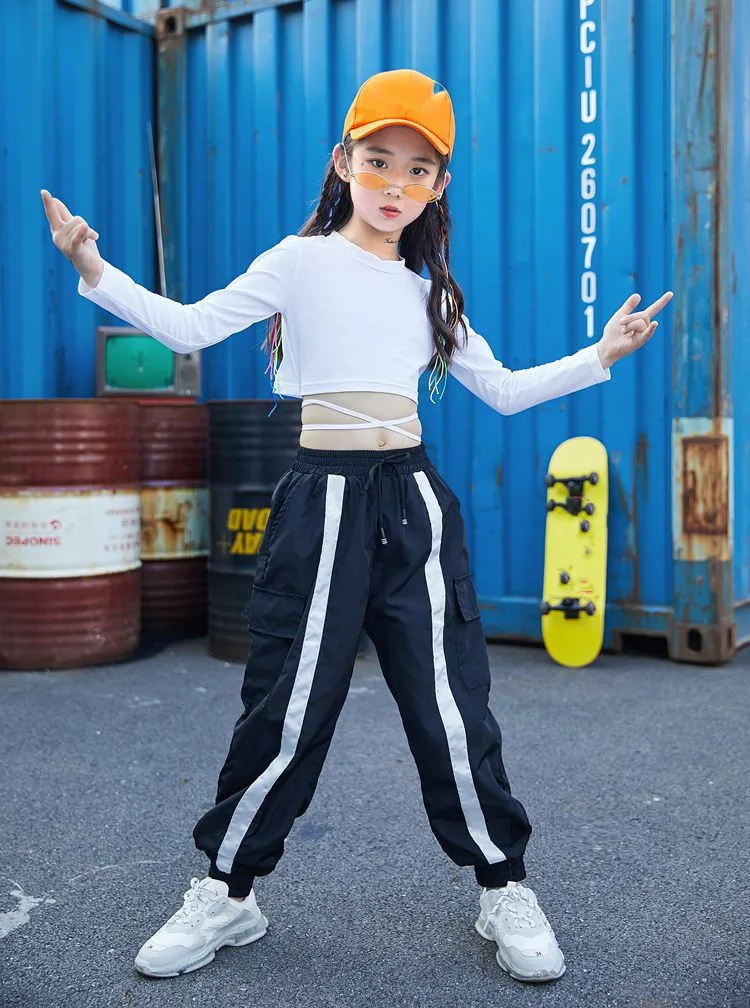 Kid Cool Hip Hop Clothing White Sweatshirt Shirt Top Crop Causal Pants for Girl Jazz Ballroom Dance Costume Clothes Wear 4-16T (5)