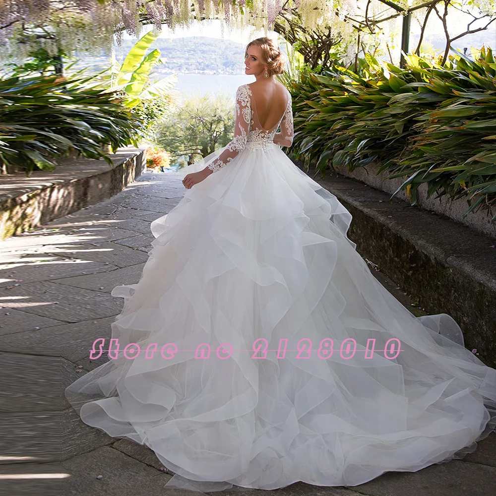 Великолепное бальное платье свадебное платье Vestido De Noiva Princesa с длинным рукавом сексуальное с открытой спиной с аппликацией из бисера белые платья