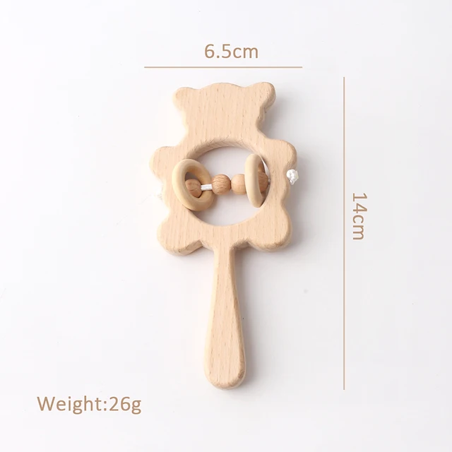 Baby Wooden Rattle Beech Bear Hand Teething Wooden Ring Baby Rattles Play Gym Montessori Stroller Toy Educational Toys for Kid set-16