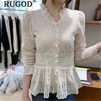 

RUGOD Korean elegant women blouse Fashion ins V neck lace hollow out spring shirts female vintage solid Ruffle blouses and tops