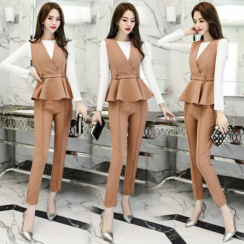 

Korean-style 2019 Autumn Female White-Collar Tops And Trousers Elegant Wear Slim Fit High-End New Style Three-piece Set-