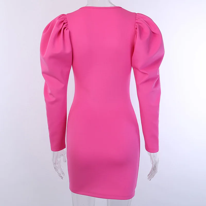 ANJAMANOR неоновое розовое винтажное Пышное мини-платье с длинным рукавом и v-образным вырезом Весна Сексуальные вечерние платья для ночного клуба D66-AD45