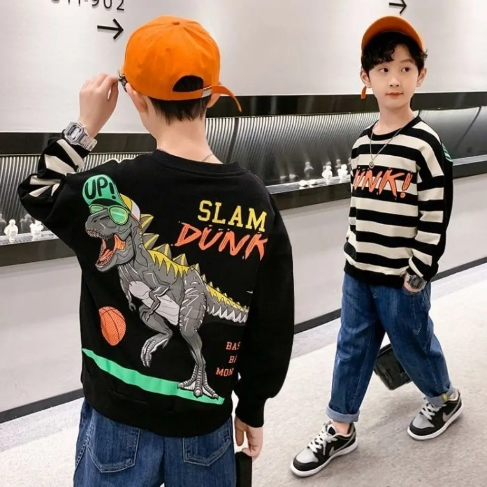 

4 5 6 7 8 9 10 11 12 Years Teenage Boys Spring Winter Tops New Long Sleeve Kid Stripe Dinosaur Outerwear Boy's Sweatshirt Outfit