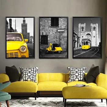 

Nordic Canvas Painting Printed Picture Poster Building And Yellow Car Wall Art Living Room Bedroom Bedside Home Decoration
