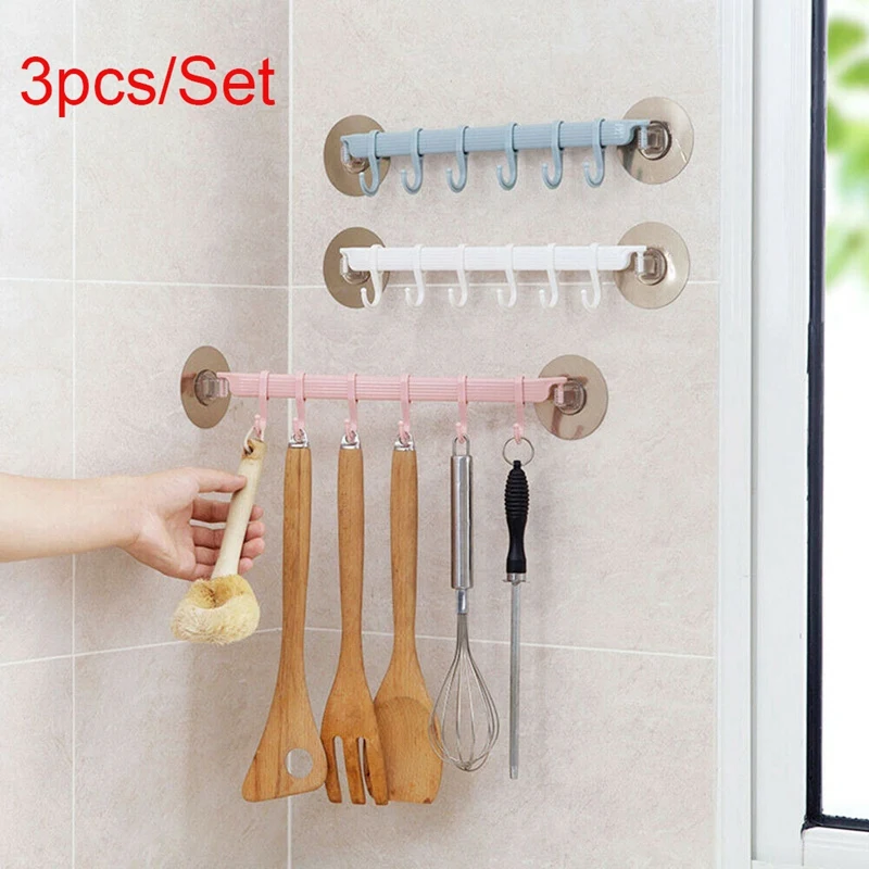 3Pcs 6 Even Row Of Hooks Strong Adhesive Hook Kitchen Wall Hanging Storage Shelf Nail-Free Seamless Rack Hanger Hook Shelves
