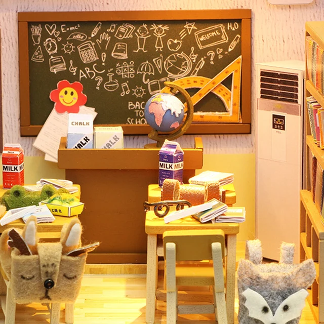 1:24 Classroom Miniature Dollhouse kit Assemble Roombox Wooden Model Building Doll House Furniture Christmas Gift Toys For Boys 2